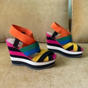 Prada Multicolor Elastic Strap Wedge Platform Sandals